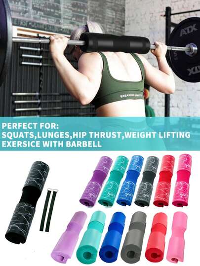 Almohadilla para sentadillas, almohadilla para barra para sentadillas, zancadas y elevaciones de cadera - La almohadilla de espuma proporciona alivio al cuello y los hombros durante el entrenamiento - Ajuste estándar (1 protector de hombro para barra y 2 correas) Hay múltiples colores disponibles