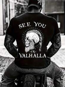 Men's Viking Skull And Valhalla Graphic T-Shirt - Norse Mythology Back Print Tee, Breathable Polyester Gym, Motorcycling, Casual Street Wear - Machine Washable Viking Clothing For Men, Gym Wear, Bold Design, Durable Material, Short Sleeve T-Shirt, Fitness Enthusiasts, Men's T-Shirt(S) - 黑色 - 查看 1