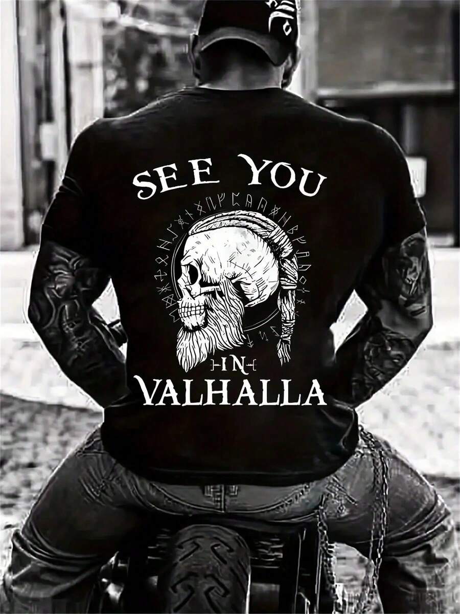 Men's Viking Skull And Valhalla Graphic T-Shirt - Norse Mythology Back Print Tee, Breathable Polyester Gym, Motorcycling, Casual Street Wear - Machine Washable Viking Clothing For Men, Gym Wear, Bold Design, Durable Material, Short Sleeve T-Shirt, Fitness Enthusiasts, Men's T-Shirt(S) - 黑色 - 查看 1