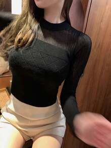 Thin Soft Diamond Grid Sheer Slimming Waist Long Sleeve Women's Sweater, Fitted Knit Top Suitable For Outings, Dates, Vacations, Evenings, Parties, Christmas, New Year, Commuting, Spring/Summer - Black - View 1