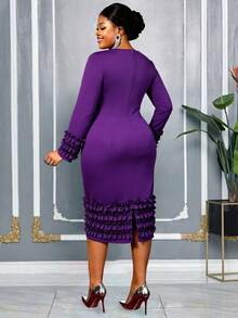 AOMEI 大码女士紫色长袖镂空连衣裙，层叠荷叶边下摆设计，适合鸡尾酒会、正式场合，及膝中长裙，新年时尚礼服，时尚系列 - 紫色 - 查看 3