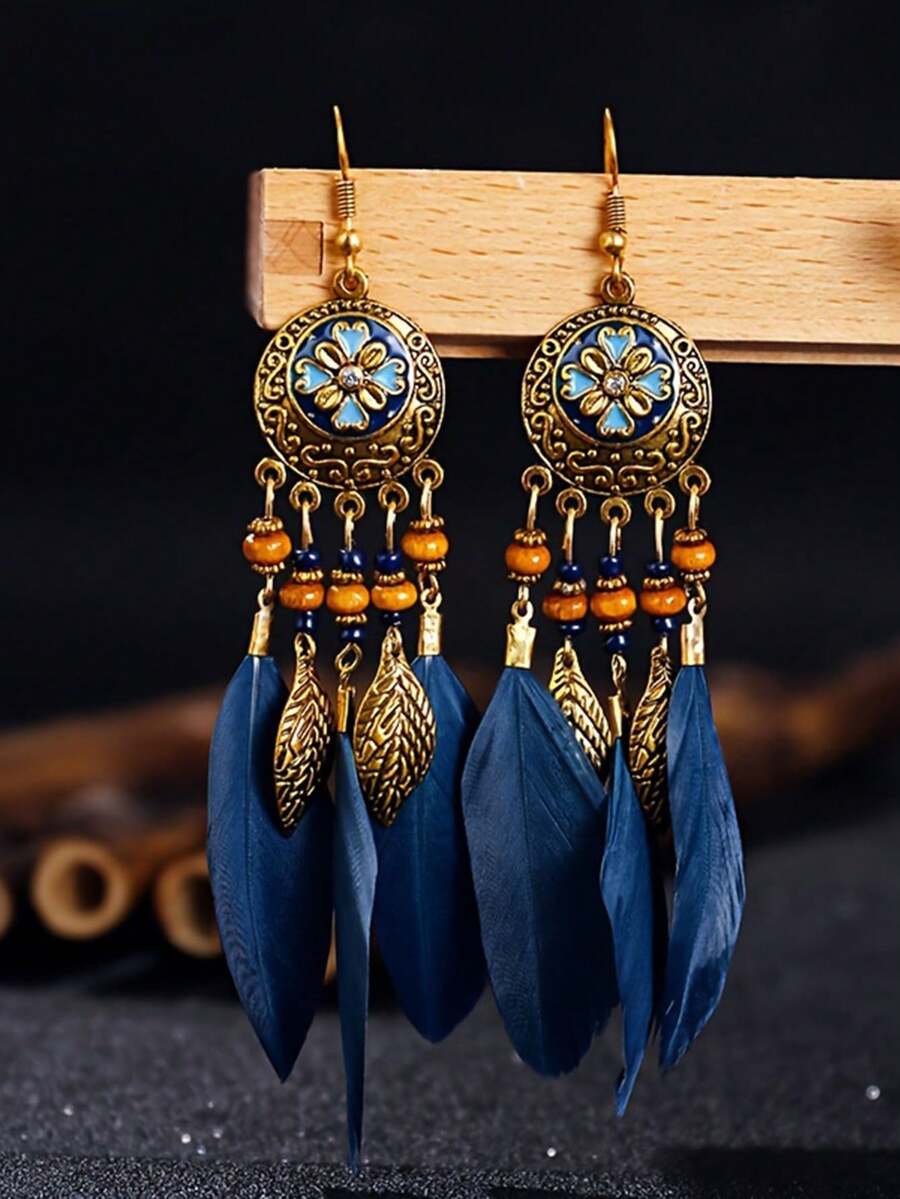 Retro Bohemian Four-Leaf Clover Round Enamel Long Tassel Earrings, White Feather Dangle Earrings For Women - Bohemia - View 1
