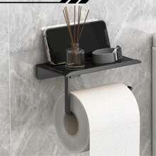 Towel Rack, Bathroom Phone Holder, No Drill Tissue Paper & Toilet Paper & Paper Towel Rack - Black - View 2