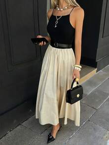 Women's Elegant Party Date Maxi Dress | Black Knit Patchwork Apricot A-Line High Waist | Waist Belt Included | Vacation & Business Casual | 2026 Spring Summer - Multicolor - View 6