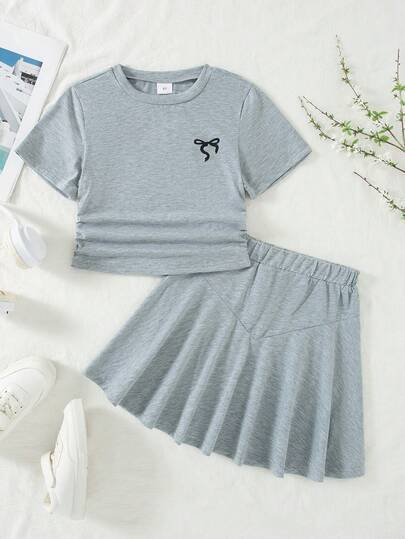 2件套女童休闲蝴蝶印花装饰短袖T恤和迷你裙套装，夏季