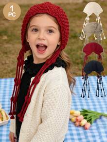 1PC Children Girl Wool Hat Tassel Woolen Hat Beanie Hat For 3-12 Years, Ins Style Hat, Travel Photography Prop,Ins Photography Hat,Kids Girl Fall Clothes Autumn And Winter Warm Head Protection Children's Hat Daily Use