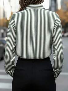 Women's Elegant Long Sleeve Striped Button-Up Shirt Blouse, Versatile Polyester Fabric - Khaki - View 4