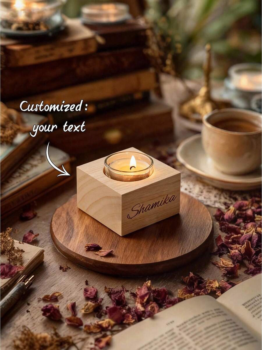 Portavelas rectangular de madera con nombre personalizado grabado, regalo de Acción de Gracias/Navidad, decoración acogedora del hogar, decoración de fiesta navideña, decoración de escritorio, decoración de sala de estudio