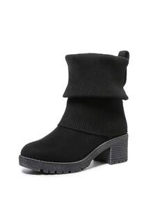 黑色褶裥靴筒，带搭扣，粗跟/中跟，圆头，套脚式，优雅百搭，通勤时尚女靴 - 黑色 - 查看 4