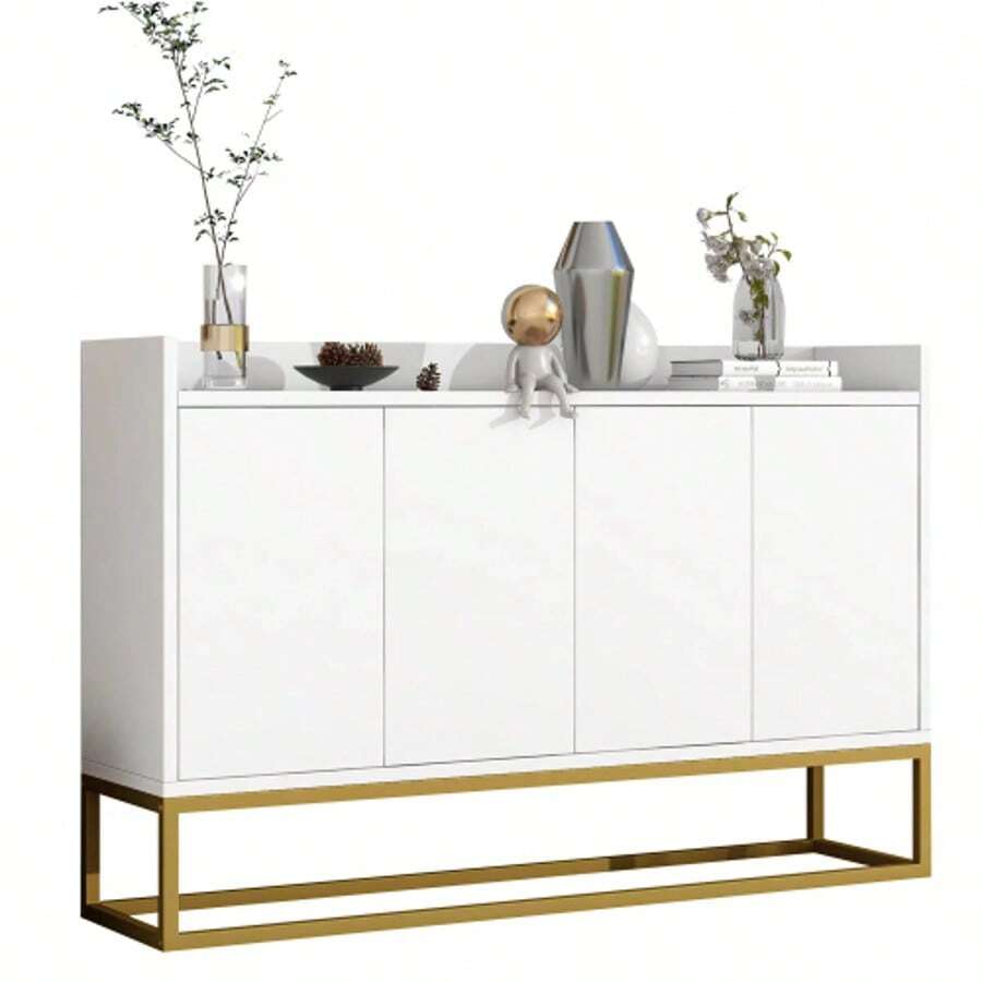 Modern Minimalist Sideboard, 4-Door Handleless Buffet For Dining Room, Living Room, Kitchen (White) - 白色 - 查看 1