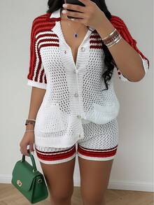 2pcs Striped Pattern Front Button Short Sleeve Shirt & Knit Shorts Set, Suitable For Valentine's Day, Music Festival, Beach Vacation Spring - Multicolor - View 3