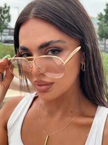 1 Pair Women's Metal Oval Frame Retro Double Bridge Fashion Aviator Glasses, Suitable For Vacation, Beach, Street Style, Beach Vacation, Outdoor Travel - 香檳色 - 查看 4