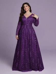 V-Neck Embroidered Lace See-Through Long-Sleeved, Large-Swing High-End Evening Dress Without Positioning - Purple - View 1