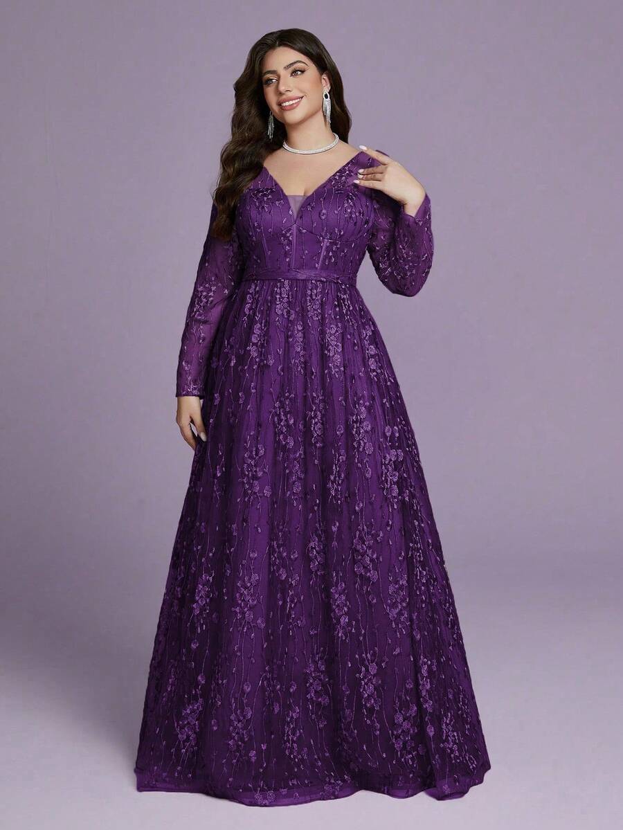 V-Neck Embroidered Lace See-Through Long-Sleeved, Large-Swing High-End Evening Dress Without Positioning - Purple - View 1