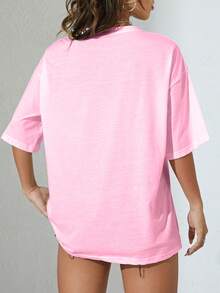 百搭宽松樱桃字母印花圆领短袖T恤，夏季 - 粉色 - 查看 2