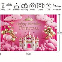 1. 粉色公主城堡生日快乐派对背景横幅 - 梦幻涤纶背景布，适用于房间、墙壁和照片装饰，饰有金色气球、星星和旗帜。非常适合派对装饰、卧室、客厅和户外活动，以及生日、周年纪念日、婚礼、照片墙和礼品。 - 彩色 - 查看 4