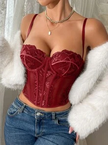 Body de encaje y malla sexy sin espalda para mujeres, camiseta sin tirantes de modelado para el verano - Burdeos - Ver 5