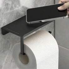 Towel Rack, Bathroom Phone Holder, No Drill Tissue Paper & Toilet Paper & Paper Towel Rack - Black - View 4