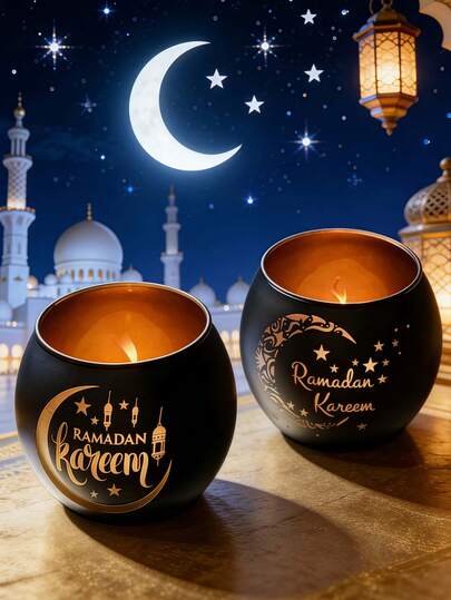 1 st/2 st/Ramadan-ljusstake - Ramadan-månestjärnedekoration, muslimsk-islamisk festivalsammankomst, te-ljusstakeset i glas, bordsdekoration till vardagsrummet - arabisk Eid Al Fitr vårdekoration, gåva (ljus ingår ej)