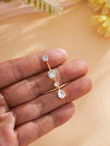 1pc Stainless Steel Water Drop 3-Segment Zirconia Belly Button Ring, Sexy Piercing Jewelry For Women - Water Drop - View 4