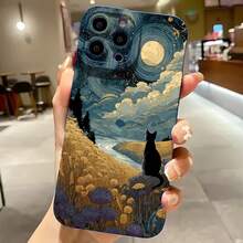 2026 nueva funda de teléfono esmerilada, funda de teléfono con paisaje de noche estrellada, impresión artística de gato negro y flores para iPhone 17 14 Pro Max 13 12 11 Xs X  Galaxy S23 S22 S21 S20 Fe Note 20 Ultra, funda protectora para teléfono, regalo para novio o novia, regalo de vacaciones - Negro - Ver 4