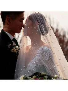 1pc New Bridal Pearl Veil Headpiece, Ethereal Mori Style Wedding Trailing Beaded Headpiece, Studio Photo Prop Valentine's Day Accessories - White - View 5