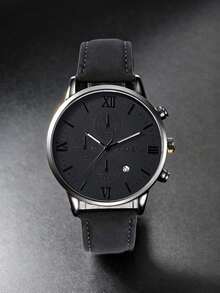 Business & Casual Boy's & Teens' Elegant Black Round Calendar Quartz Watch, High-End PU Leather, Gift For Couples - Multicolor - View 4