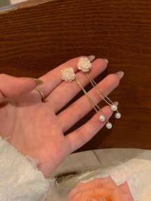 1 Pair White Flower Decoration Fake Pearl Tassel Dangle Earrings For Wedding Bohemian Halloween Valentine's Day - 紅色的 - 查看 9