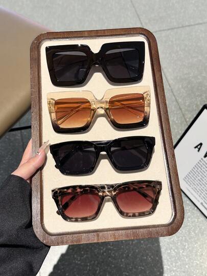 女士眼镜四件套，时尚矩形镜框，适合各种脸型，经典黑色镜框/渐变色/波点复古多款镜框组合，耐用PC材质，佩戴舒适，适合日常通勤、海滩度假、购物、聚会、户外露营等场合。