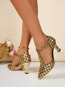Gold Pointed Toe Hollow Out Sandals, Fish Scale Print High Heels For Women, Fashionable Festive Shoes For Wedding - Gold - View 6