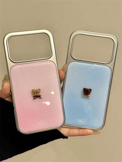 马卡龙渐变色可爱3D卡通蝴蝶结小熊亮面树脂手机壳，兼容 17 Pro Max、17 Pro、17、16 Pro Max、15、14、13 Pro Max，奢华镀银边框，柔软保护后盖，时尚简约外壳