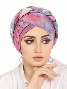 1pc New Fashion Women Tie-Dye Braided Turban Hat, Tie Dye Color Headband Cap, In Europe And America Hair Sleep Cap Sleep Bonnet - Multicolor - View 17
