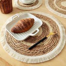 Thick Woven Straw Placemat With Tassel Edges, Round Rattan Woven Trivet Mat For Dining Table - Khaki - View 2