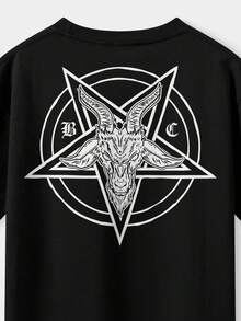 Basic Unisex Gothic Baphomet T-Shirt With Hidden Pentagram Print, Streetwear, Black, 100% Cotton - màu đen - Xem 5