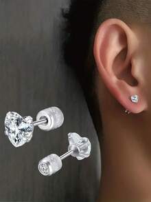 1 Pair Minimalist Stainless Steel Full Rhinestone Heart Stud Earrings For Men, Versatile For Daily Wear And Dates, Valentine's Day Exclusive Gift