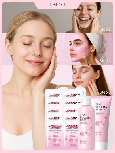 LAIKOU مجموعة العناية بالبشرة من لايكو اليابانية بنكهة الكرز (منظف الكرز 100 جم + مرطب الكرز 160 مل + قناع الطين الياباني بالكرز 5 جم * 10) هدية للنساء والفتيات لجميع أنواع البشرة، مناسبة للتخييم والتنزه والتسلق والأنشطة الخارجية
