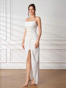 New Sexy Strapless White Pearl Bridal Gown, Formal Dress Suitable For Holiday Party, Wedding Guest, Prom, Birthday Party, Formal Dinner, Date, Homecoming, Family Gathering - White - View 5