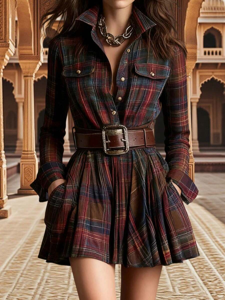 Women's Casual Checkered Long Sleeved Dress - 紅色 - 查看 1