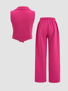Set de 2 piezas de chaleco de solapa de un solo botonadura y pantalones de pierna ancha de unicolor de moda para adolescentes, adecuado para primavera, verano y otoño - Rosa Fucsia - Ver 4