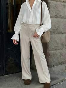 French Jacquard Collar Blouse, Loose Fit Bell Sleeve White Shirt For Commuting, Spring/Autumn - White - View 4