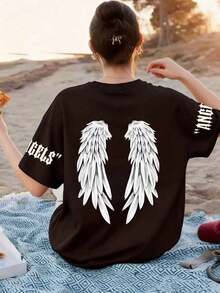 Plus Size dam T-shirt med vingar och "ängelvingar" grafiskt tryck, svart, casual streetwear-stil för vår/sommar - Svart - Visa 5