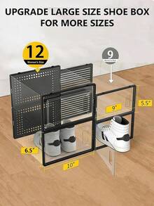 12 Pack XXL Shoe Organizer Storage Rack Clear Plastic Stackable Shoe Boxes For Closet, Space Saving Foldable Shoe Storage Case, Sneaker Storage Shoe Box Container - XXL Black - View 2
