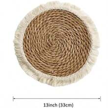Thick Woven Straw Placemat With Tassel Edges, Round Rattan Woven Trivet Mat For Dining Table - Khaki - View 6