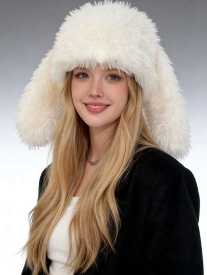 1顶女士纯色可爱长兔耳保暖百搭渔夫帽，适合秋冬季户外旅行，冬季加厚保暖毛绒护耳帽，百搭可爱学生防寒时尚帽，垂耳兔耳造型，舒适贴合，户外保暖防寒必备