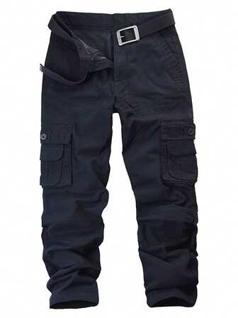 yuehaibao Men's Solid Color Flap Pocket Straight Leg Pants (Belt Not Included), For Fall