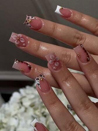 24pcs/Set French Short Square Brown Tie Dye Leopard Flower Golden Pearl 3D Faux Pearl Starry Fashion Press-On Fake Nails, Unique Design To Change Your Nail Style, Adding A Chic And Sweet Look For Ladies And Girls For Party, Date And Daily Wear