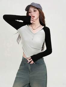 Áo sơ mi cổ bẻ cài nút mùa xuân/thu dành cho nữ của JUTU, áo khoác nỉ có mũ phối màu thời trang, thích hợp cho du lịch ngoài trời và lễ hội. - 079 Trắng, Xám và Đen - Xem 5