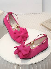 1 Pair Fuchsia Toddler/Little Girls' Ballet Shoes, Soft Velvet PU, Big Bow & Pearl Decor, Slip-On, Round Toe, Casual Princess Shoes, Suitable For 3-12 Years Old Girls, Daily, School, Party, Spring/Autumn