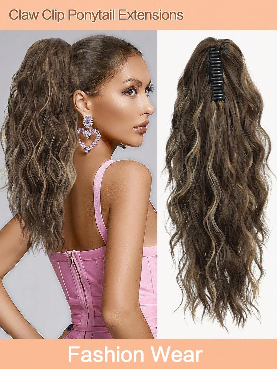 18英寸多层马尾接发，爪夹式马尾蓬松浓密水波纹假马尾假发，柔软自然，适合女性（棕色带焦糖金挑染）接发 - 間色 - 查看 1