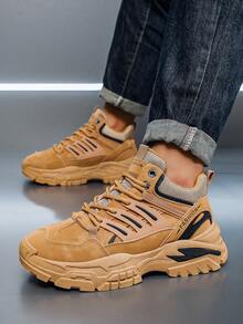 Brown Sneakers, Men's Casual Sneakers, New Fashionable Sneakers, Comfortable, Versatile Thick-Soled Heightening Sneakers Mid Top Lace Up Men's Hiking Shoes - Yellow - View 4